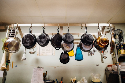 pots and pans hanging. great for a rainy day activity.