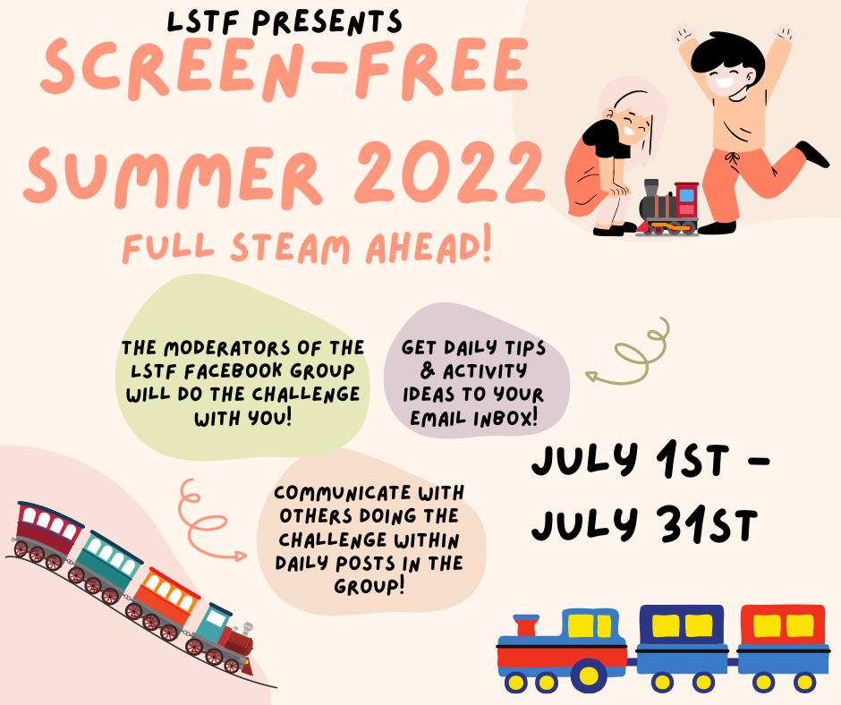 image of children playing with trains and text reading: screen-free summer 2022 challenge.