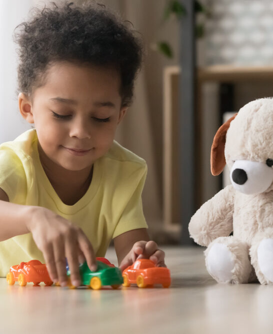 Image of child engaging in quiet time activities, plating with toy cars and stuffies.