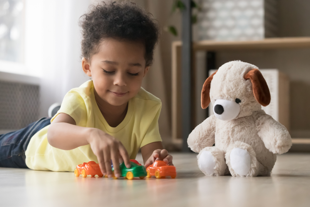 Image of child engaging in quiet time activities, plating with toy cars and stuffies.