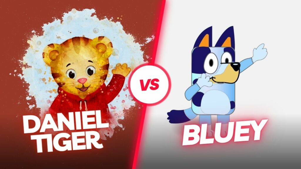 image of daniel tiger and bluey in a boxing-type face off graphic for bluey vs danaiel tiger header image.